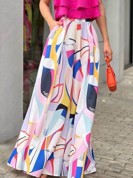 

Vacation Abstract Graphic Loose Long Skirt, Multicolor, Skirts