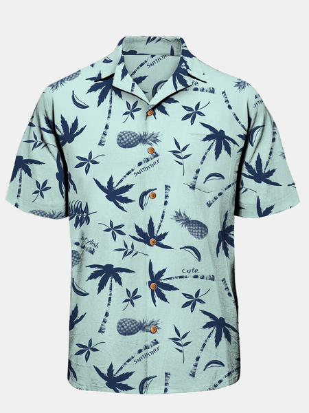 

Hawaiian Botanical Coconut Tree Print Chest Pocket Short-sleeved Casual Shirt, Green, Men Shirts