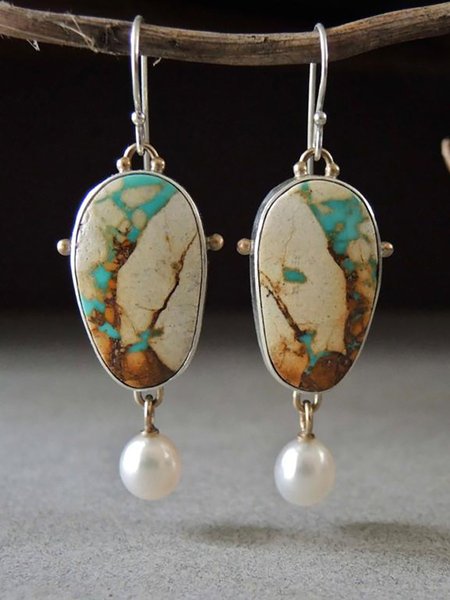Retro Natural Ore Irregular Earrings Ethnic Style Casual Women's Jewelry, Silver, Earrings