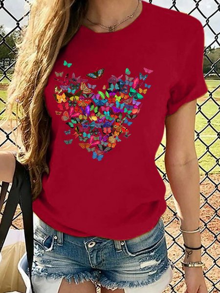 

Women's Butterfly Heart Crew Neck Casual T-Shirt, Red, T-shirts