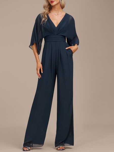 

V Neck Urban Loose Plain Jumpsuit, Blue, Jumpsuits＆Rompers