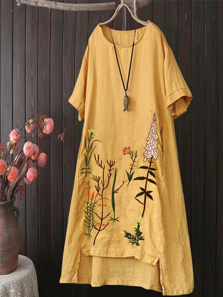 

Floral Casual Embroidery Crew Neck Dress, Yellow, Mini Dresses