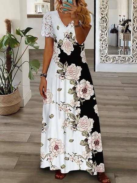 

Casual Lace Floral Jersey Dress, Multicolor, Maxi