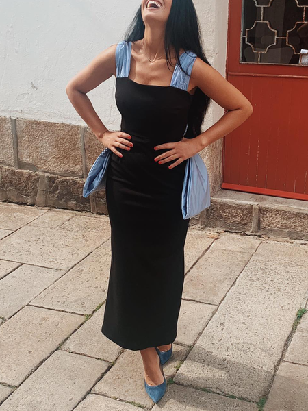 

Elegant Spaghetti Regular Fit Plain Wedding Guest Dress, Black, Maxi Dresses