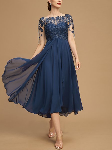 

Lace Urban Crew Neck Chiffon Plain Dress, Blue, Formal Dresses