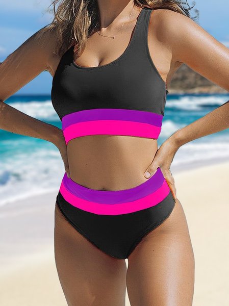 

Sports Color BlockScoop Neck Bikini, Black, swimwear>>Bikini Sets