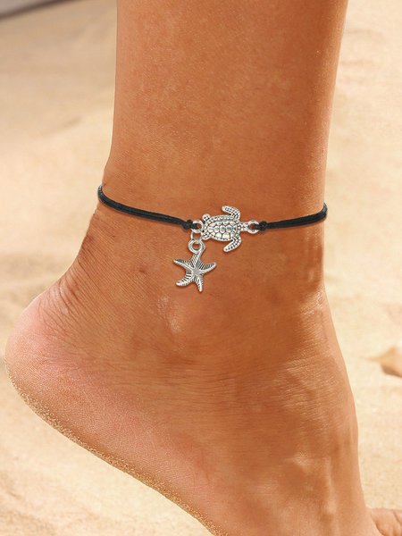 

Boho Turtle Starfish Pattern Leather Rope Anklet Beach Vacation Dress Jewelry, Black, Anklets