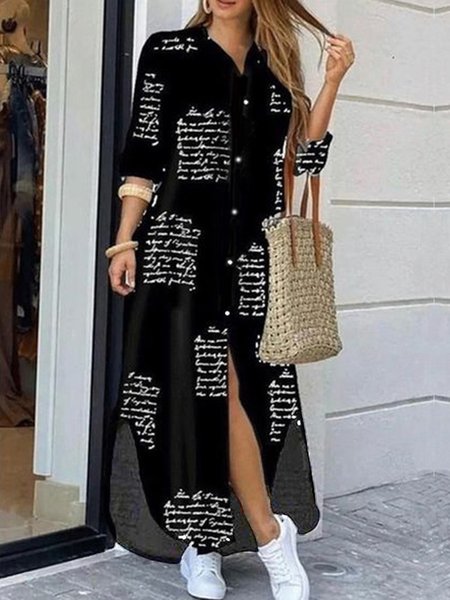 Loose Text Letters Print Urban Shirt Collar Dress, Black, Maxi Dresses