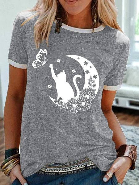 

Women's Floral Cat Butterfly Casual T-Shirt, Gray, T-shirts