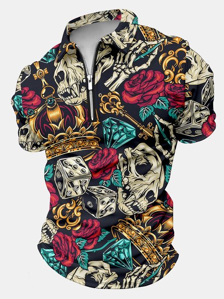 

Men's Rose Skull Metal Crown Art Printing Regular Fit Polo Collar Casual Polo Shirt, As picture, T-shirts