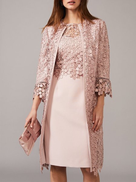 

Regular Fit Elegant Plain Lace Two-Piece Set, Dark pink, Formal Dresses