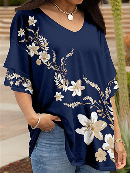 

Floral Vacation V Neck T-Shirt, Blue, T-Shirts