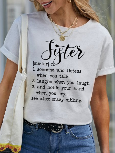 

Women's Sister Definition Gift For Sister Crew Neck Casual Cotton T-Shirt, White, T-shirts