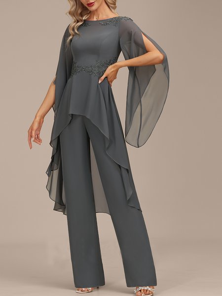 

Lace Plain Chiffon Urban Two-Piece Set, Gray, Tops