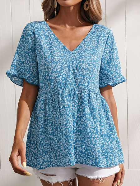 

V Neck Casual Floral Loose Shirt, Blue, Shirts & Blouses