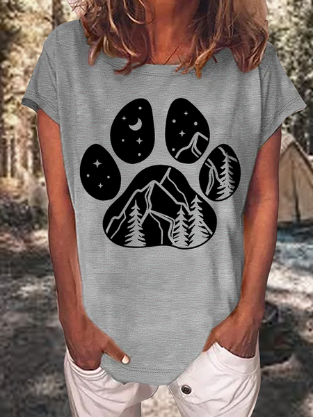 

Women's Funny Camping Paw Print Loose Casual Crew Neck T-Shirt, Gray, T-shirts