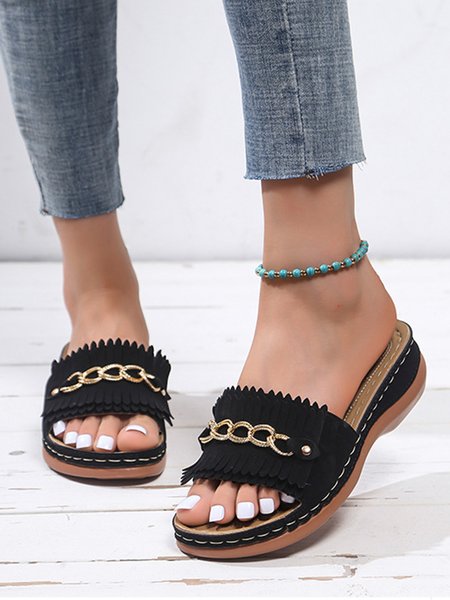 

Vintage Rhinestone Metal Decor Fringe Slide Sandals, Black, Sandals
