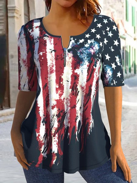 

Women's Short Sleeve Blouse Summer America Flag Zipper Jersey Crew Neck Daily Going Out Casual Top, Multicolor, Shirts