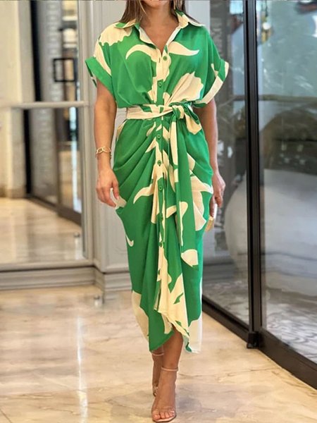 

Floral Vacation Regular Fit Ruched Shirt Collar Dress, Green, Midi Dresses