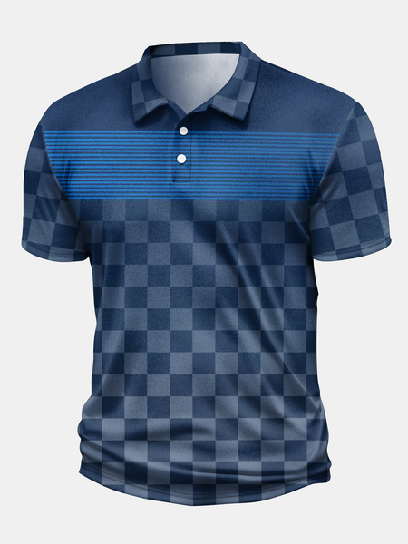 

Geometric Striped Button Short Sleeve Golf Polo Shirt, Deep blue, Polo Shirts