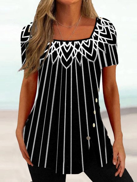 

Casual Square Neck Regular Fit Geometric T-Shirt, Black, T-Shirts
