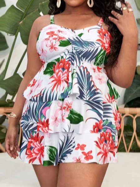 

Casual Plants Printing Swim Dress, Multicolor, swimwear>>One-Pieces