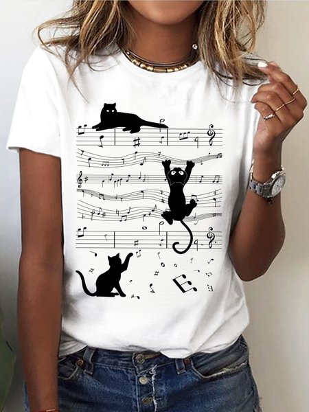 

Jersey Casual Cat Printed Crew Neck T-Shirt, White, T-shirts