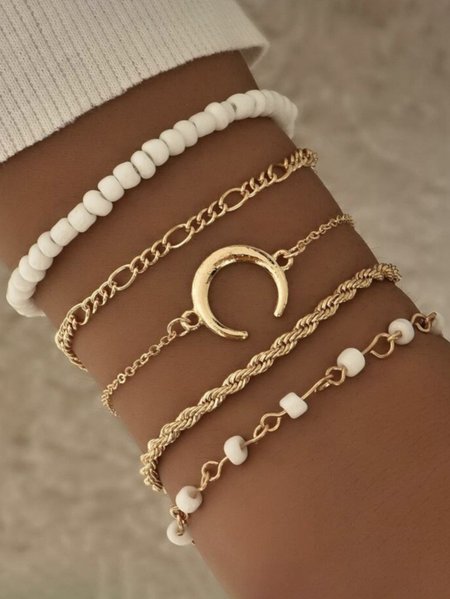 

5Pcs Gold Metal Bead Moon Pattern Multilayer Bracelet Set Dress Jewelry, Golden, Bracelets