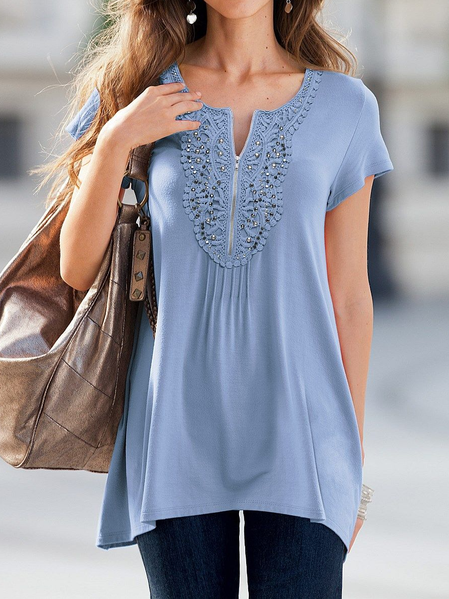 

Casual Lace Crew Neck T-Shirt, Blue, Tunics