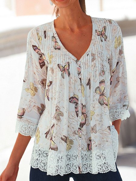 

V neck Lace Butterfly Casual Shirt, White, Shirts & Blouses