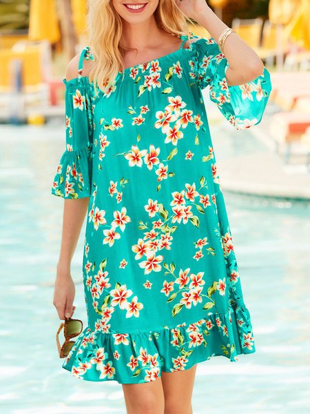 

Ruffled Sleeves Vacation Floral Dress, Lake blue, Dresses