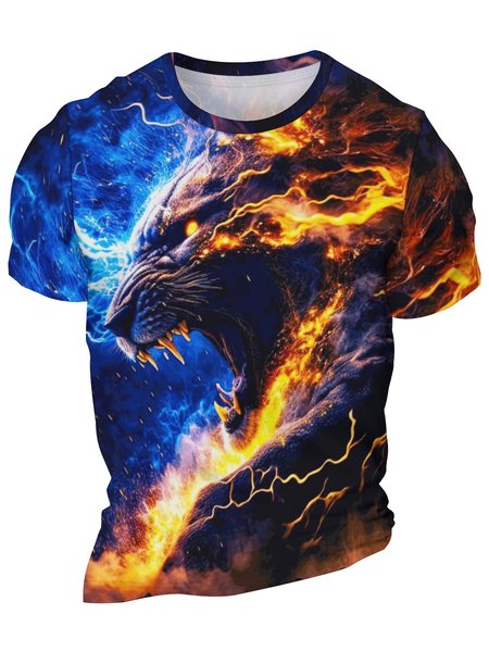 

Men’s Animal Tiger Fire Pattern Regular Fit Crew Neck Casual Animal T-Shirt, As picture, T-shirts