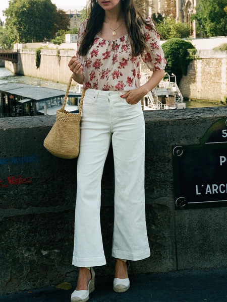 

Loose Plain Casual Bell-Bottom Jeans, White, DENIM