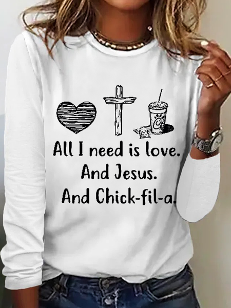 

Women's Funny Cross And Heart And Coffee All I Need Is Love And Jesus And Chickfila Crew Neck Long sleeve Shirt, White, Long sleeves