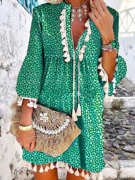 

V Neck Floral Boho Loose Dress, Green, Mini Dresses