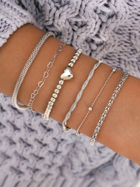 

6Pcs Silver Metal Beaded Heart Pattern Multilayer Bracelet Set, Bracelets & Anklets