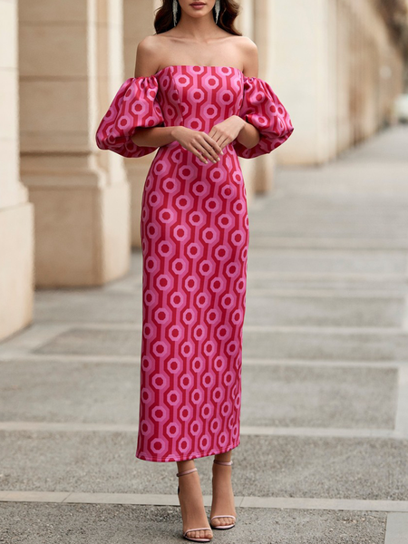 

Satin Geometric Elegant Strapless Wedding Guest Dress, Pink, Maxi Dresses