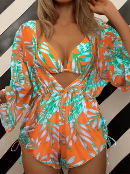 

Color Block Vacation Bikini, Orange, swimwear>>3 Piece Bikini Sets