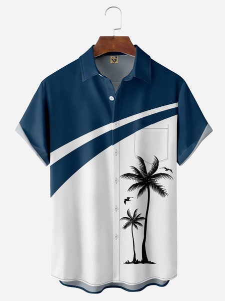 

Coconut Tree Chest Pocket Short Sleeve Hawaiian Shirt, Blue, Men Shirts