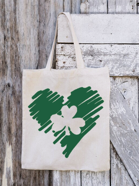 

Women's St Patrick's Day Cotton-Blend Simple Four-Leaf Shopping Tote, White, Women's Bags