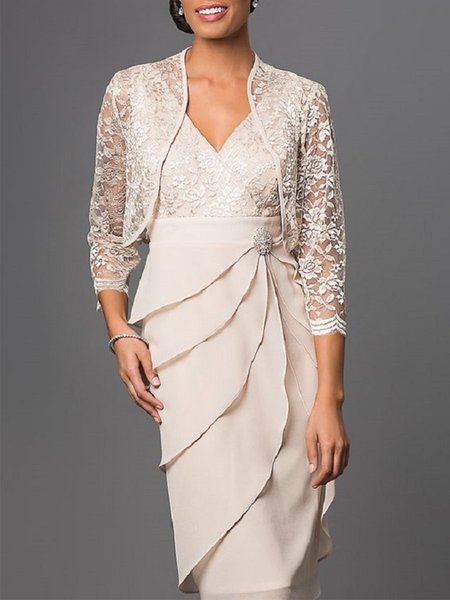 

Plain Elegant Lace Two-Piece Set, Beige, Formal Dresses