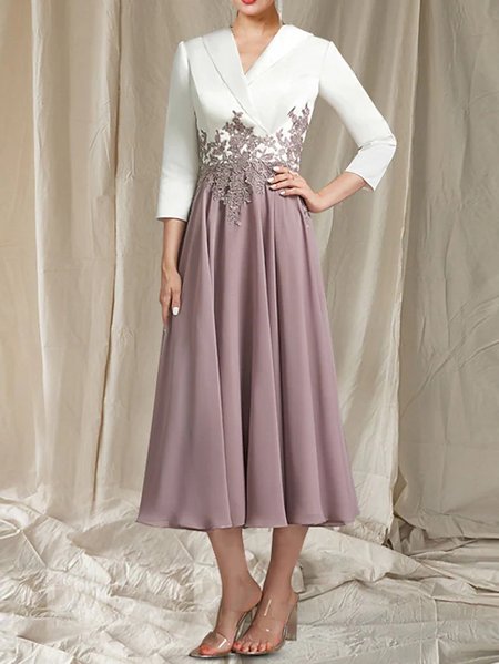 

V Neck Elegant Satin Dress, Pink-white, Formal Dresses