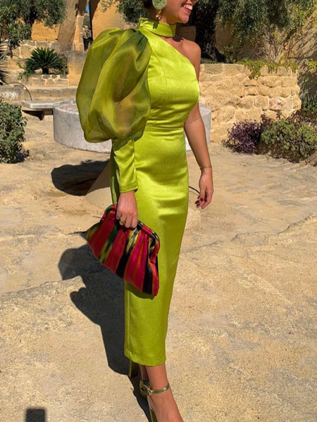 

One Shoulder Regular Fit Elegant Organza Wedding Guest Dress, Yellow, Maxi Dresses