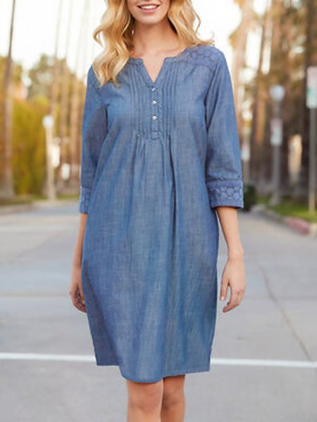 

V Neck Linen Cotton Plain Dress, Blue, Mini Dresses