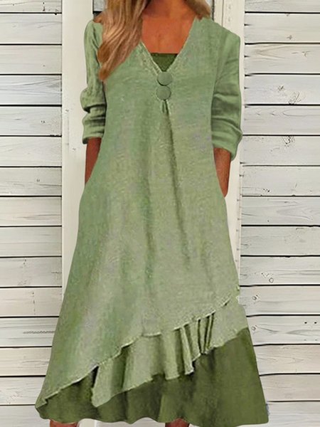 

Women Casual Loose Square Neck Three Quarter Sleeve Green Dress, Midi Dresses
