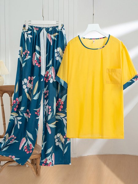 

Floral Short Sleeve Trousers Pajamas Casual Homewear Set, Color7, Loungewear & Sleepwear