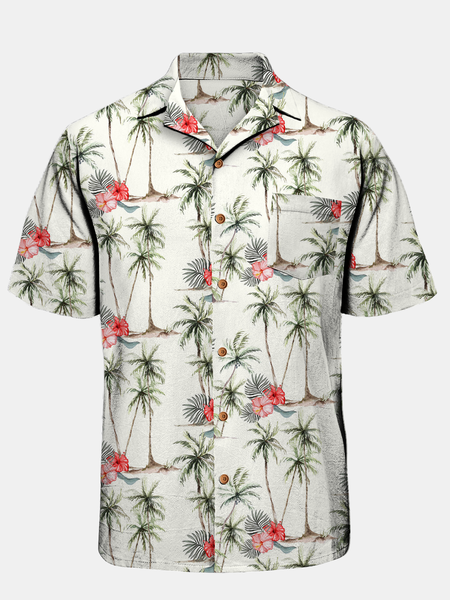 

Hawaiian Floral Print Chest Pocket Short Sleeve Shirt, White, Men Shirts