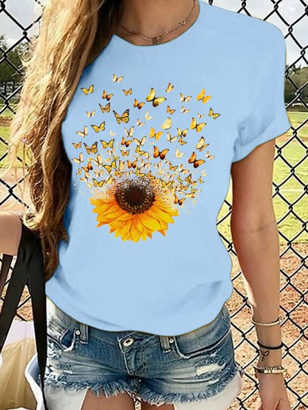

Women's Sunflower Butterfly Crew Neck Casual T-Shirt, Light blue, T-shirts