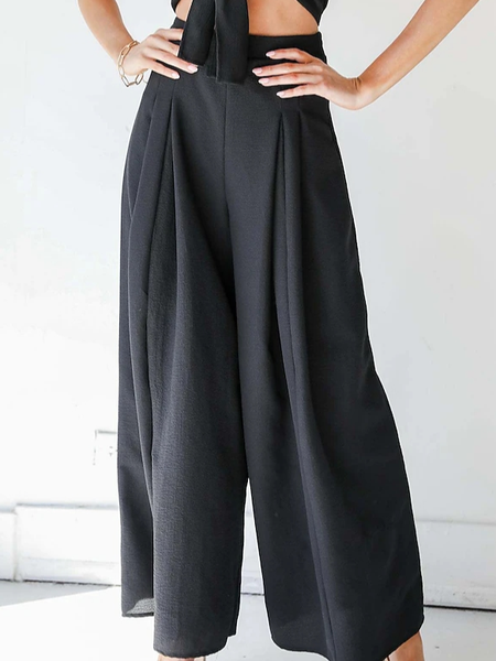 

Women Casual Plain Loose High Waist Casual Cotton And Linen Pants, Black, Pants