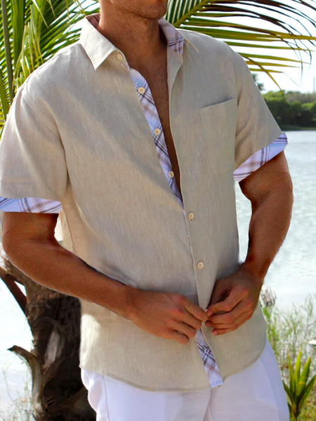 

Plaid Panel Short Sleeve Casual Shirt, Beige, Men Shirts